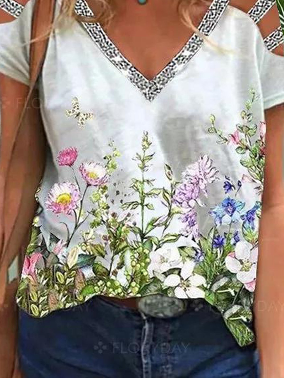 Floral Floral-print Shift Short Sleeve Casual T-shirt
