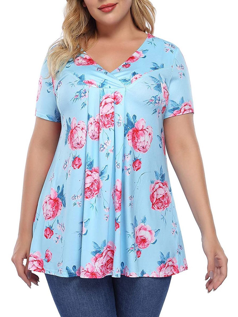 Women Plus Size L-6XL Pleated Henley Tops Floral V-Neck Loose Blouse Casual Tunic Blouse