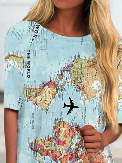 Map Crew Neck Casual Cotton-Blend Tops
