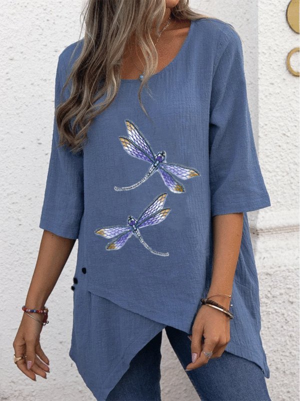 dragonfly-print-decorative-button-round-neck-five-point-sleeve-loose