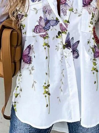 Shirt Collar Casual 3/4 Sleeve Floral Shirt & Top