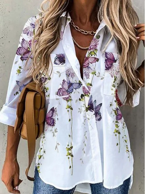 Shirt Collar Casual 3/4 Sleeve Floral Shirt & Top