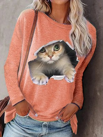 Women's Cute Cat 3D Printed Crew Neck Long Sleeve Top