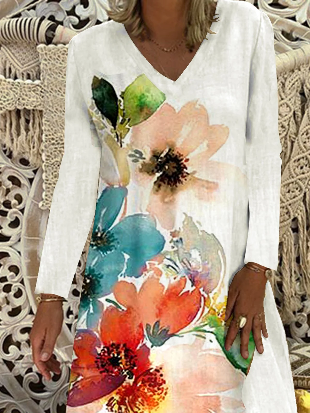 Boho V Neck Floral-Print Long Sleeve Dresses