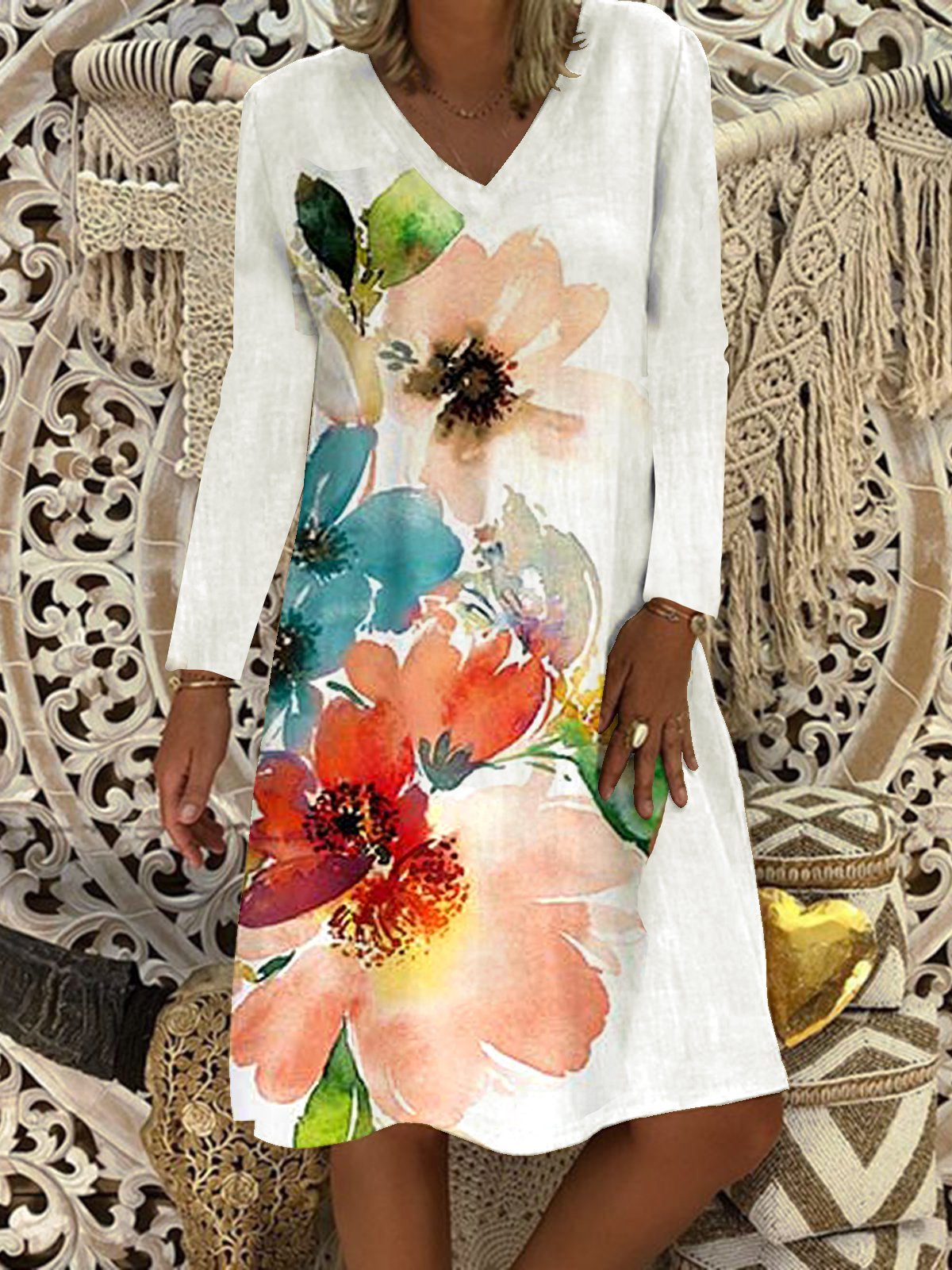 Boho V Neck Floral-Print Long Sleeve Dresses | justfashionnow