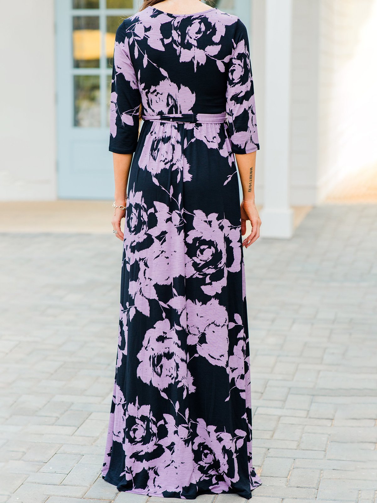 Casual Holiday 3/4 Sleeve Black Floral-Print Maxi Dresses