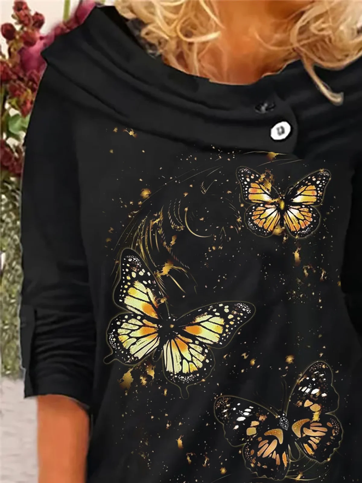 Butterfly Printed  Long Sleeve Round Neck Casual T-Shirts & Tops