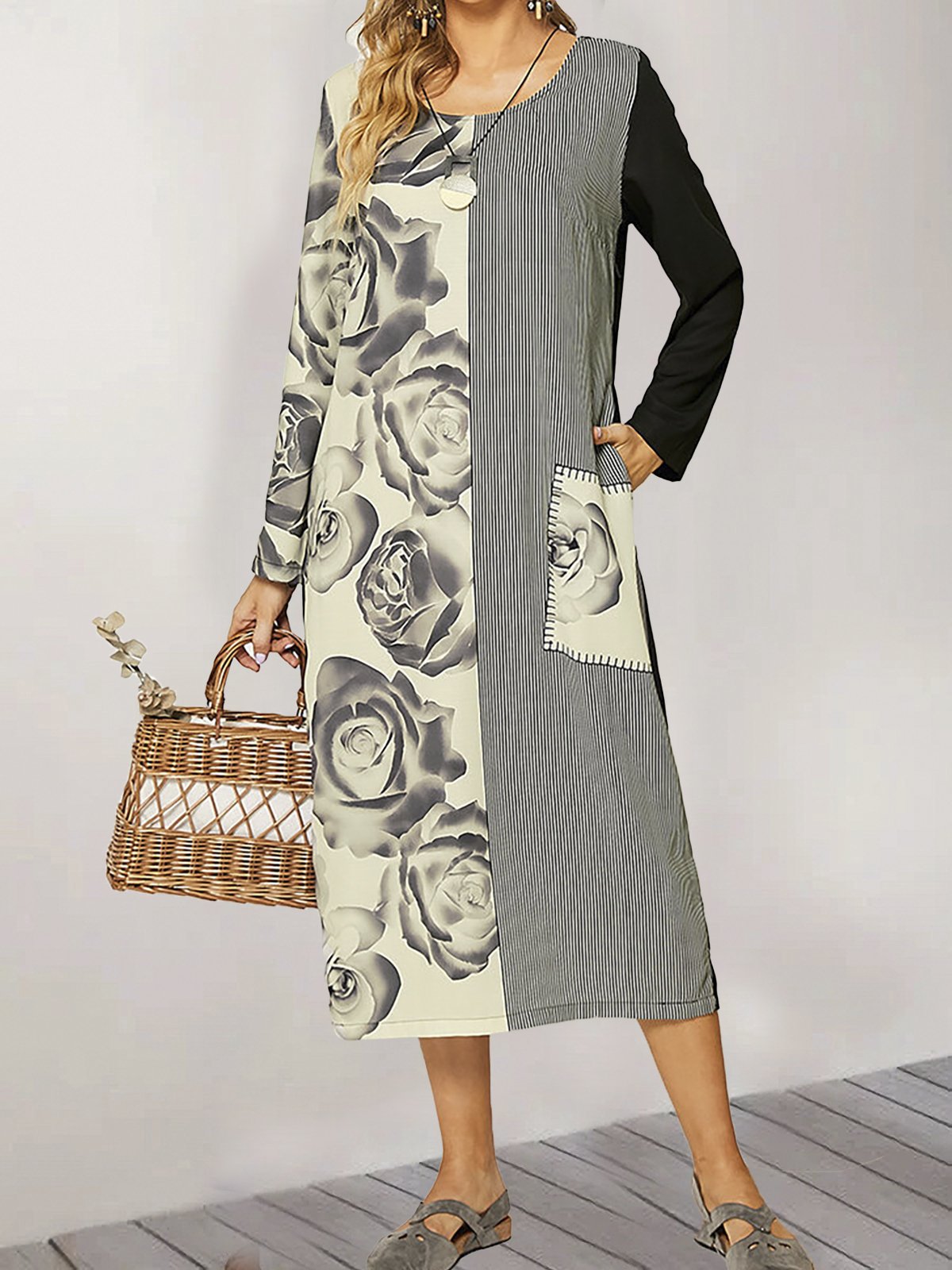 Gracila Striped Floral Printed Holiday Casual V-Neck Long Sleeve Midi Dresses