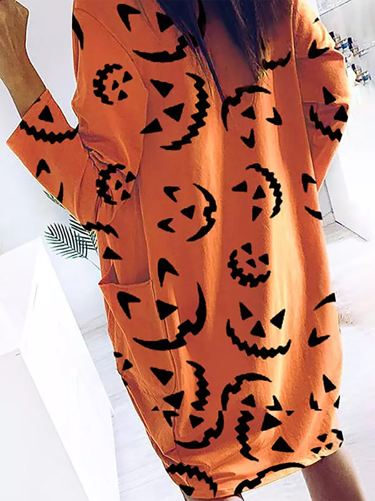 Halloween Pumpkin Face Round Neck Pocket Mini Dresses