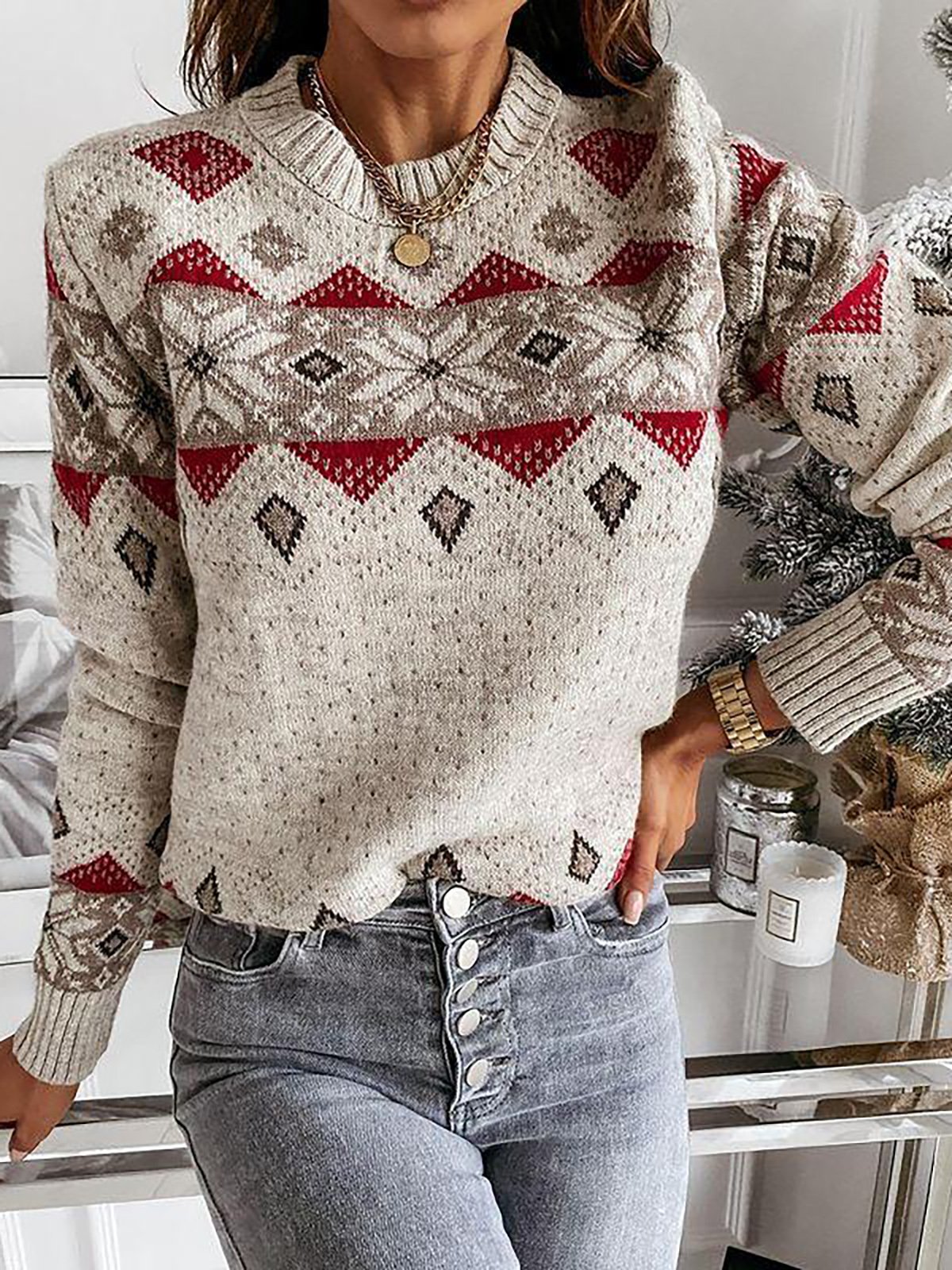 Women Apricot Holiday Ethnic Geometric Long Sleeve Round Neck Sweater ...