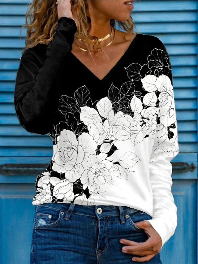 Floral Cotton Blends V Neck Casual T-shirt | justfashionnow