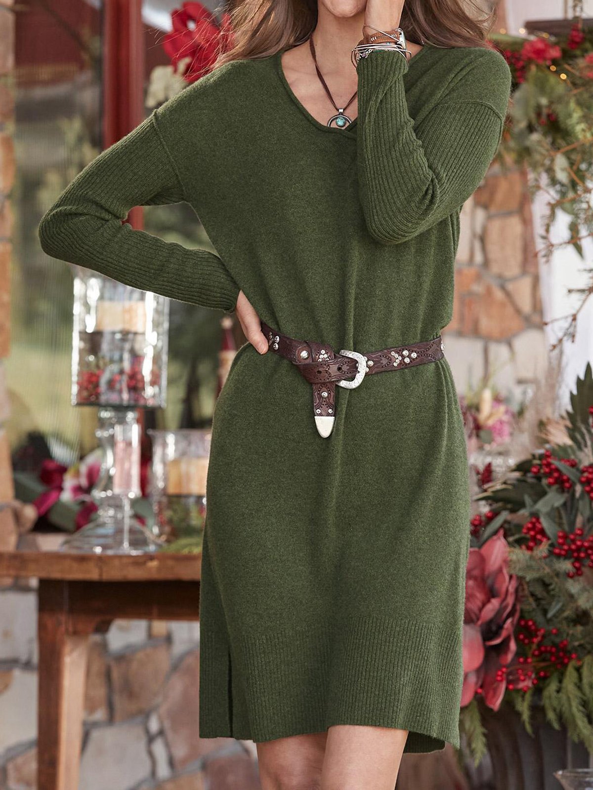 V Neck Solid Casual Loosen Sweater Dress