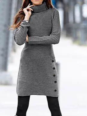 Regular Fit Plain High Neck Sweater Dress  Grey buttoned woolen pitted dress