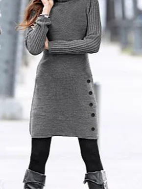 Regular Fit Plain High Neck Sweater Dress  Grey buttoned woolen pitted dress