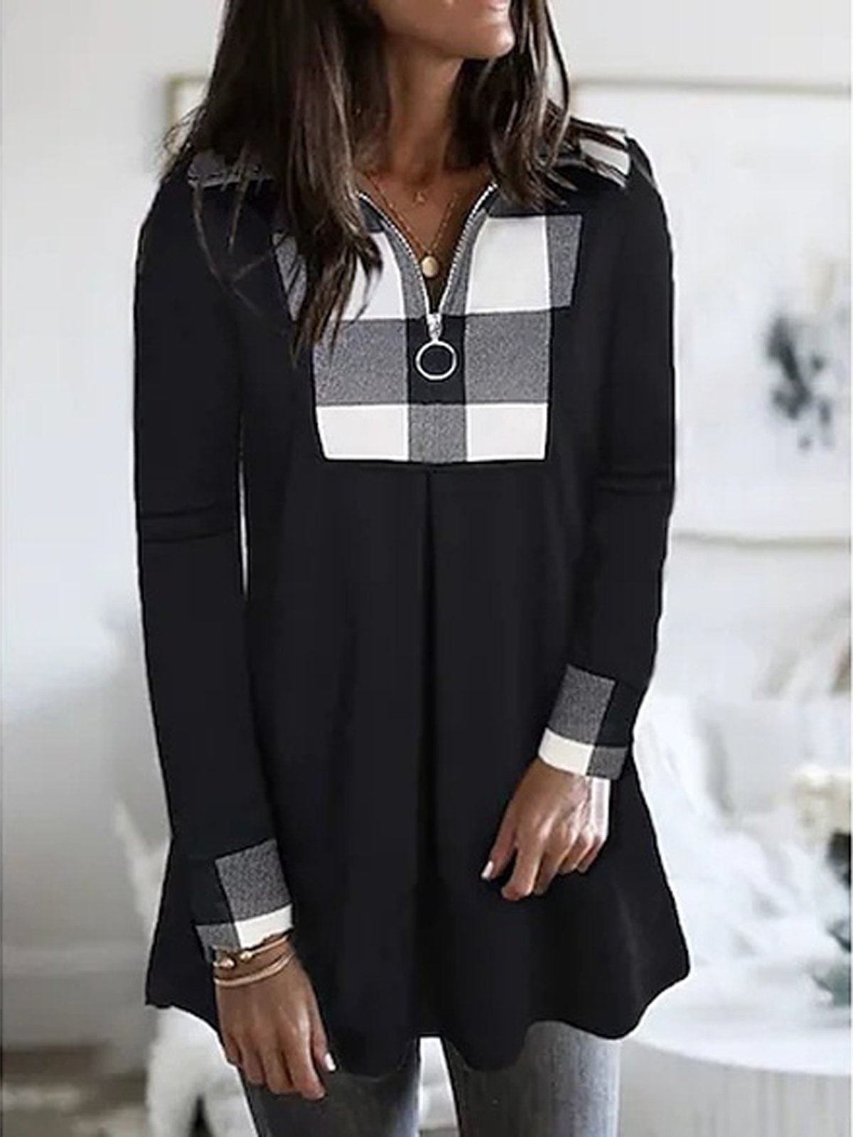 JFN V Neck Patchwork Casual Tunic Top