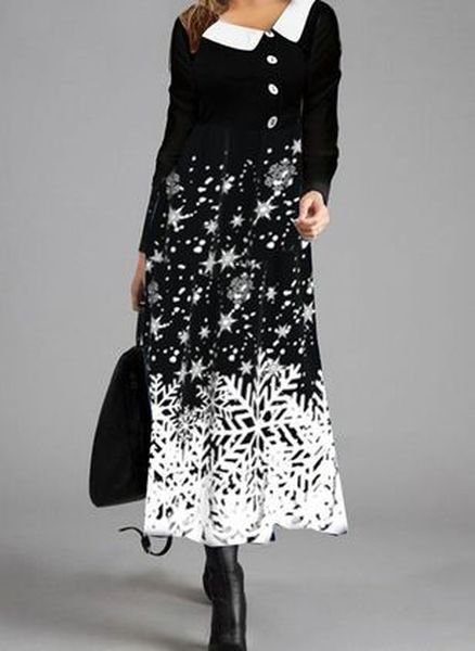 Long sleeve Lapel gradient snowflake loose a hem Long Knit Stretch Dress