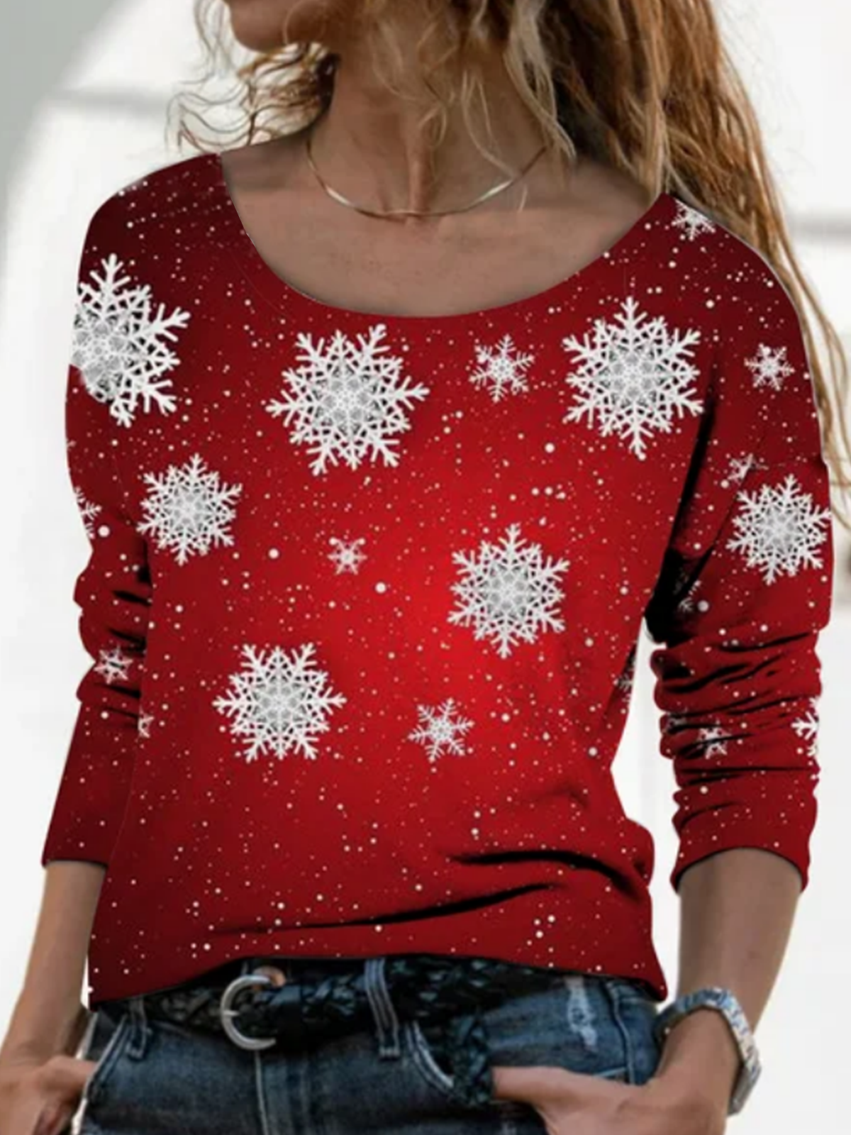 Long sleeve round neck geometric gradient Snowflake Christmas top t ...