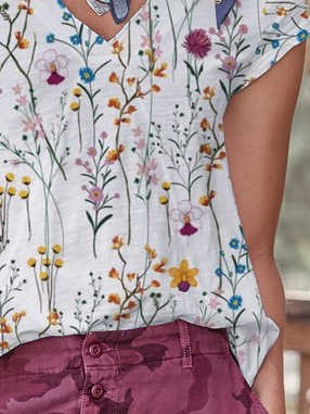 Floral Printed Casual V Neck Shirts & Tops