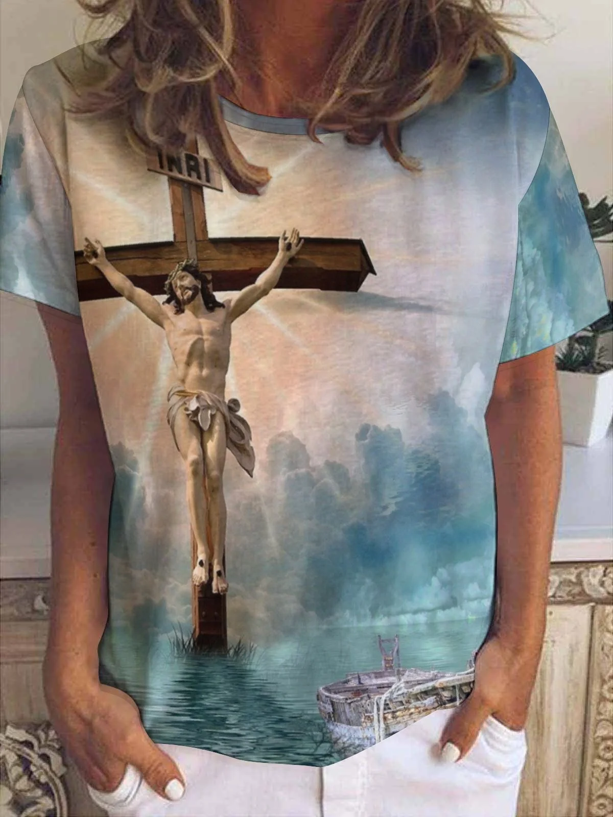 Women's Geometric Short Sleeve Tee T-shirt Crew Neck Vintage Summer Top