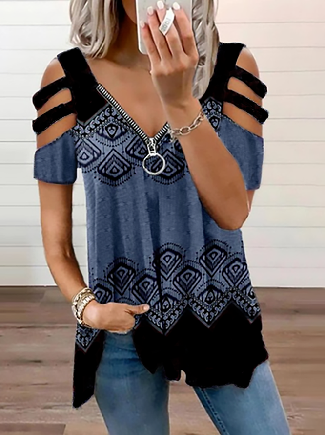 JFN V Neck Cold Shoulders Tribal Casual Tunic Top