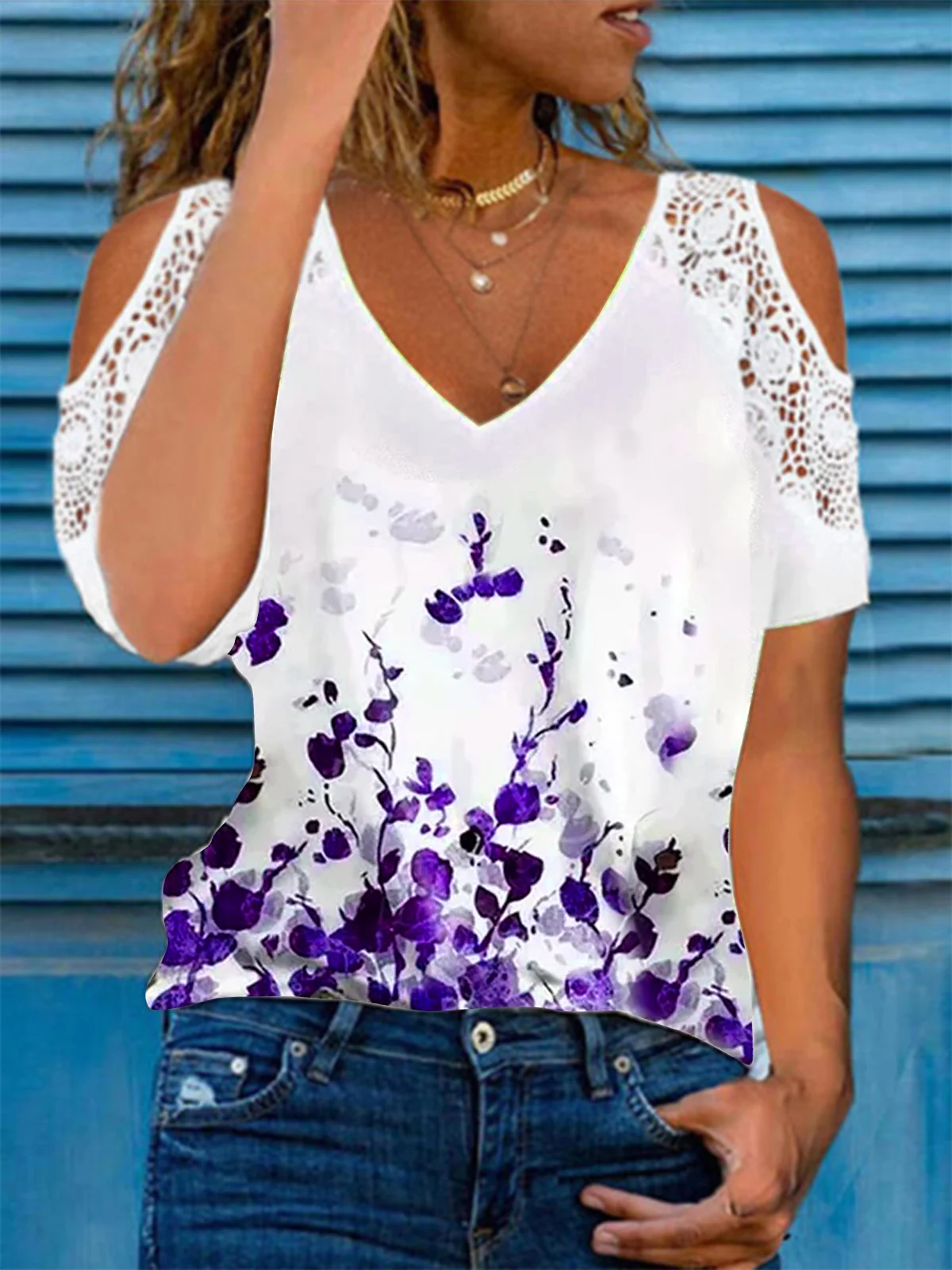 JFN V Neck Floral Lace Vacation T-Shirt/Tee