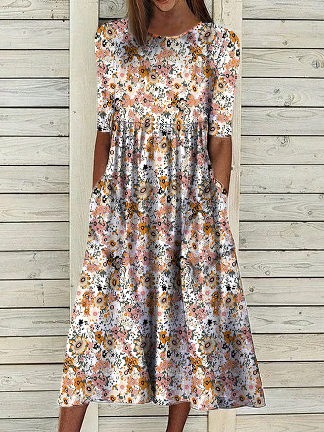 Loosen Casual Floral Short Sleeve Woven Dress | justfashionnow