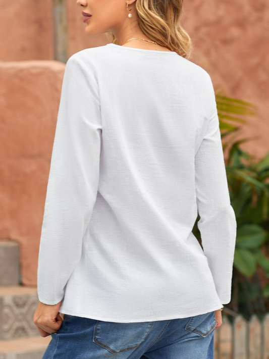 Solid Paneled Long Sleeve V Neck Blouses & Tops