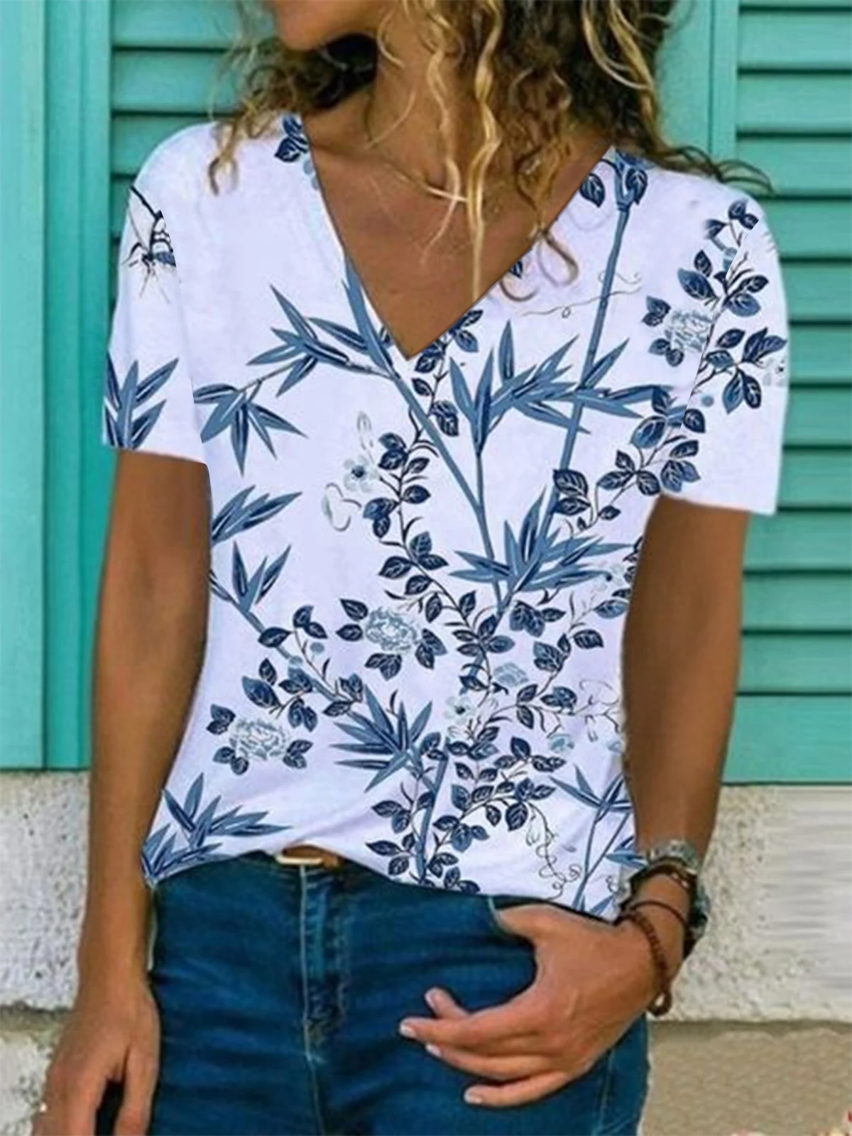 JFN V Neck Floral Casual T-Shirt/Tee | justfashionnow