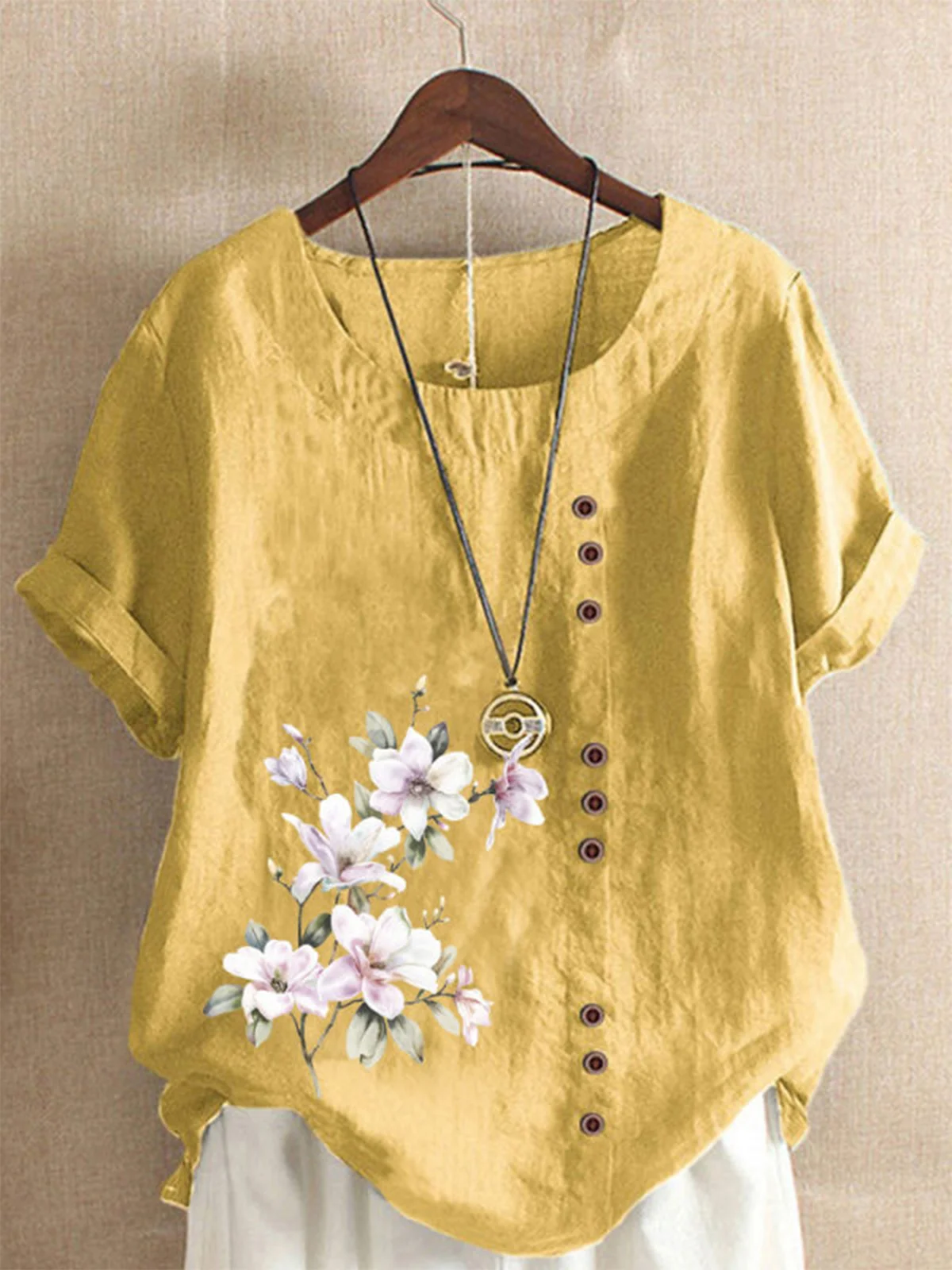 JFN Round Neck Floral Buttoned Casual Blouse | justfashionnow