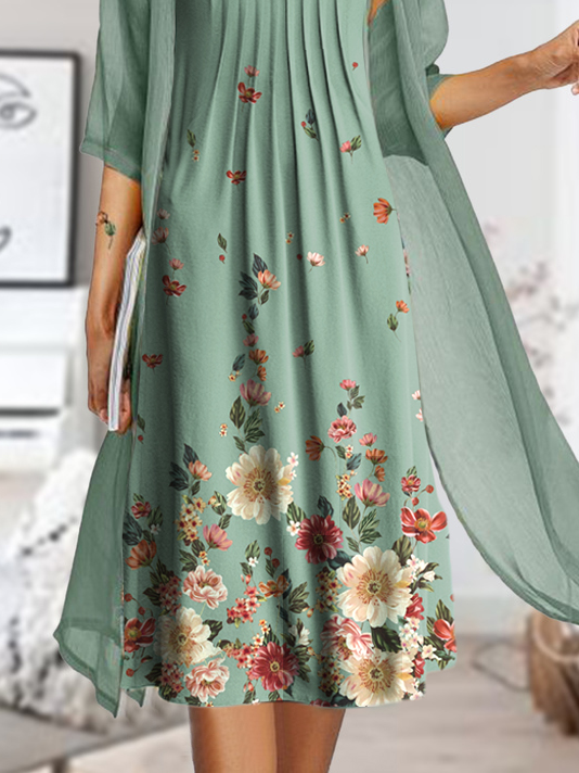 JFN Round Neck Floral Two piece Casual Midi Dress