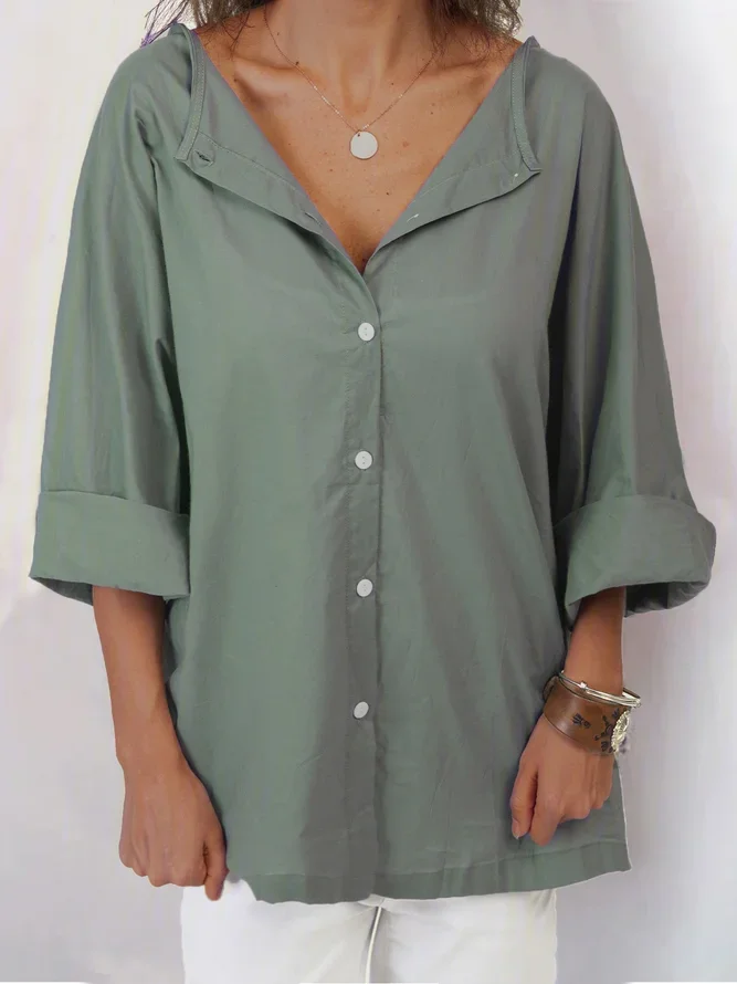 V Neck Casual 3/4 Sleeve Cotton Shirts & Blouses
