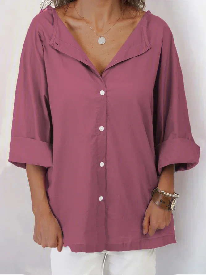 JFN V Neck Casual 3/4 Sleeve Cotton Shirts & Blouses