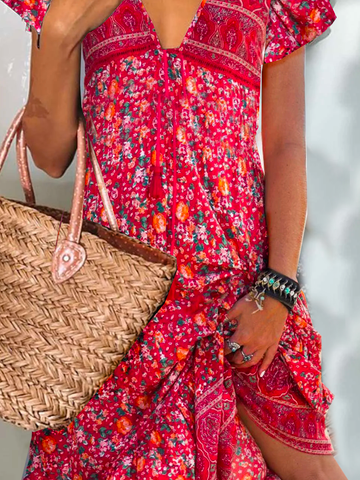 Women's Floral Short Sleeve Summer Dress V Neck Daily Casual Midi H-Line Dress