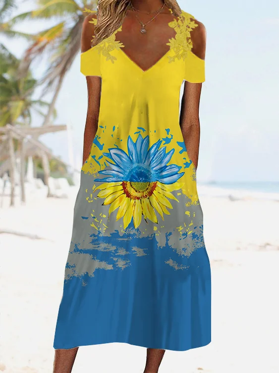 Vacation Color Block Sunflower Short Sleeve Knit Dress | justfashionnow