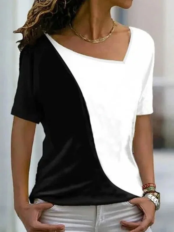 JFN Asymmetrical Neck White Black Color Block Short Sleeve Top