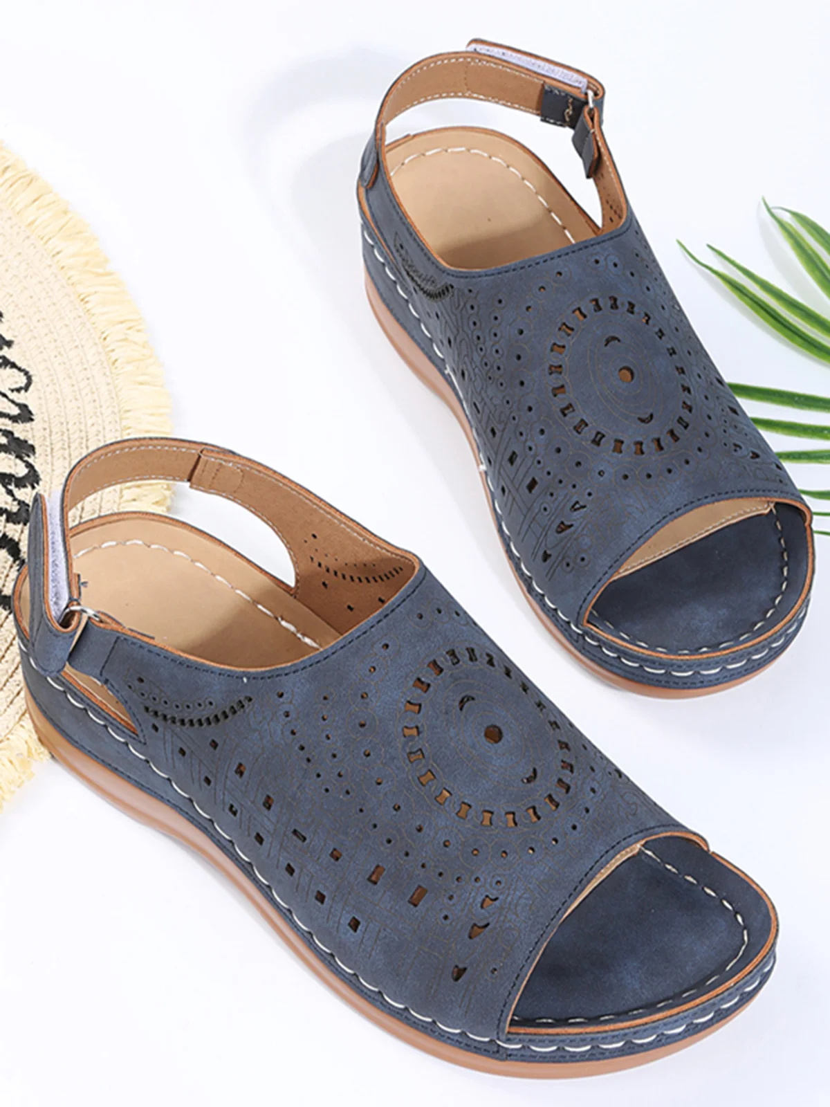 JFN Ethnic Pattern Punched Hollow Velcro Vintage Sandals