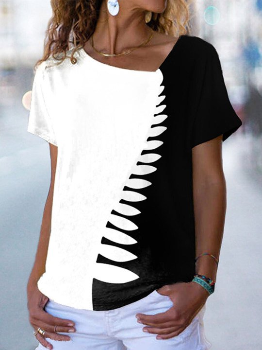 JFN Asymmetrical Neck White Black Color Block Feathers Vacation T-Blouse/Tee