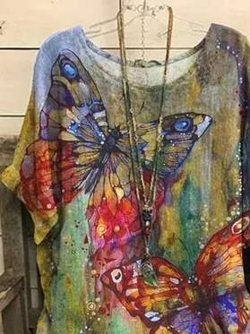 JFN Crew Neck Butterfly Vintage Casual Loose Top