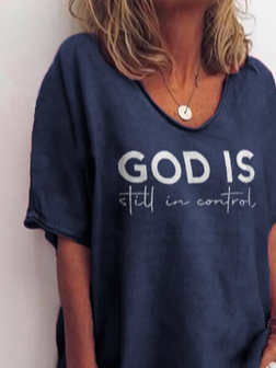 JFN God is Still In Control Letter Graphic Casual Jersey T-Shirt V Neck Tee