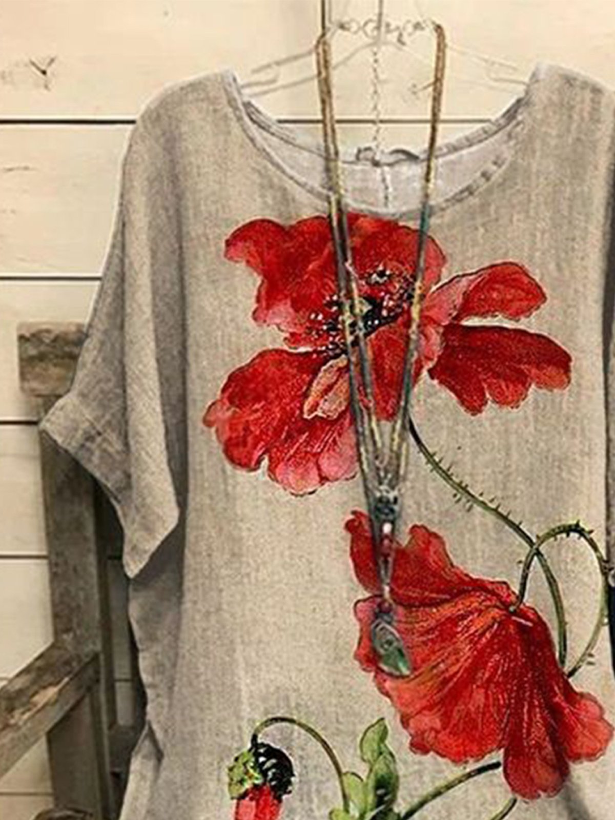 JFN Crew Neck Floral Casual Red Flower Batwing Sleeve Slit Top