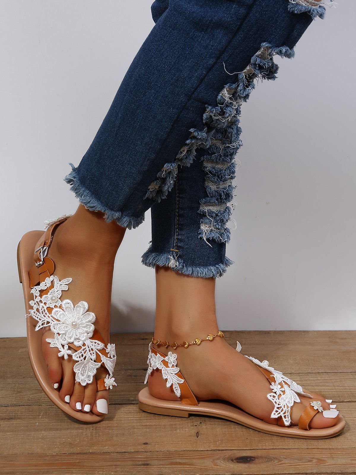 JFN    White  Lace  Flower  Wedding  Women's  flip flops Sandals
