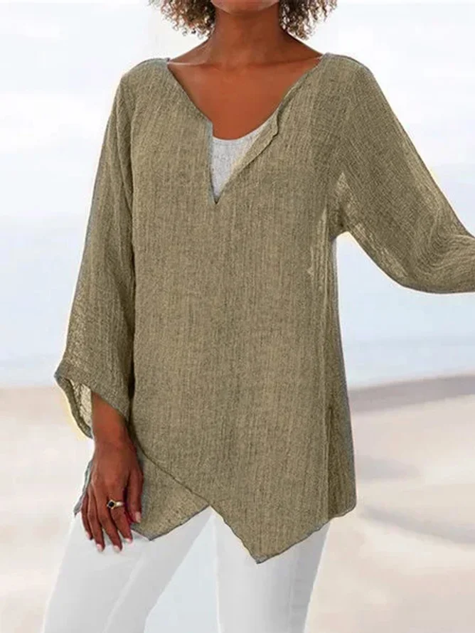 JFN Cotton & Linen Asymmetric Hem Loose Fit Long Sleeve Shirts Tunic Top