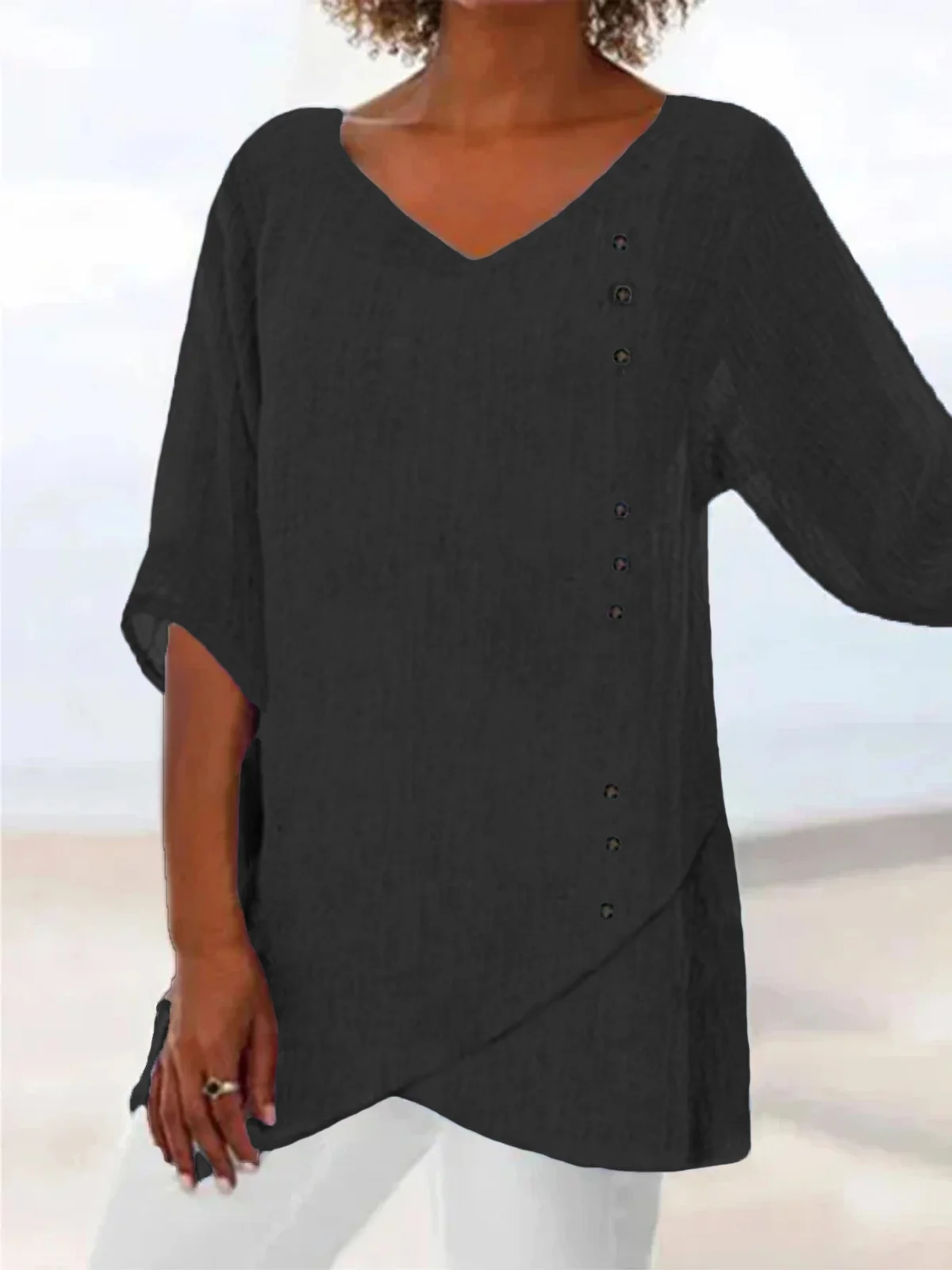 Women's Plain Short Sleeve Blouse_ Summer V Neck Daily Casual Top