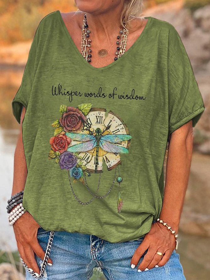 JFN V Neck Dragonfly Flowers Casual Oversized Whisper Words Of Wisdom Print Graphic T-Blouse/Tee