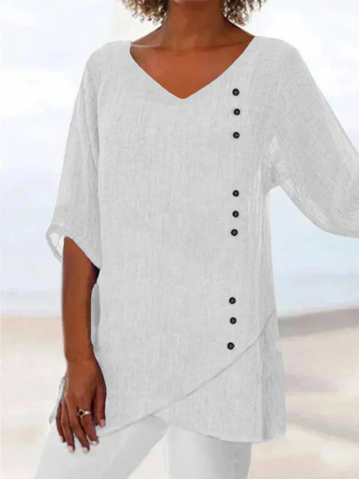 Women's Plain Short Sleeve Blouse_ Summer V Neck Daily Casual Top