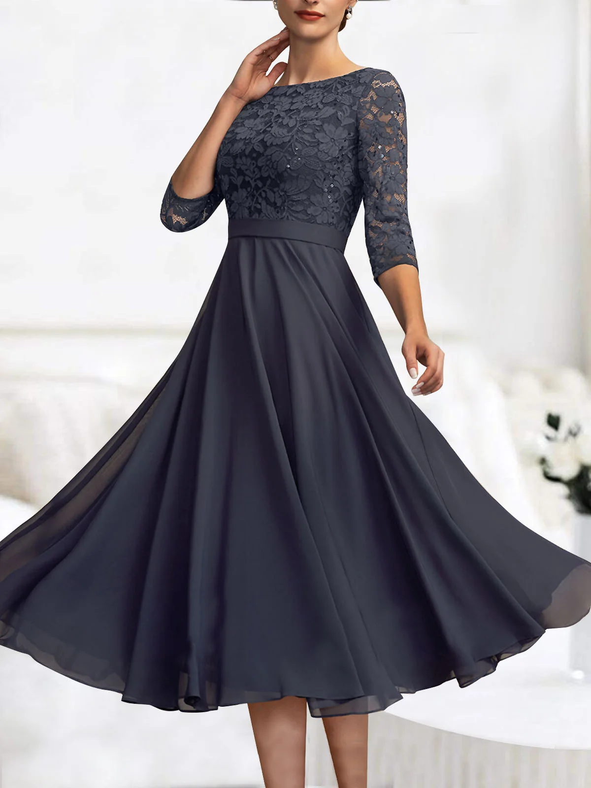 Wedding Party Lace Chiffon Zip 3/4 Sleeve Midi Formal Dress