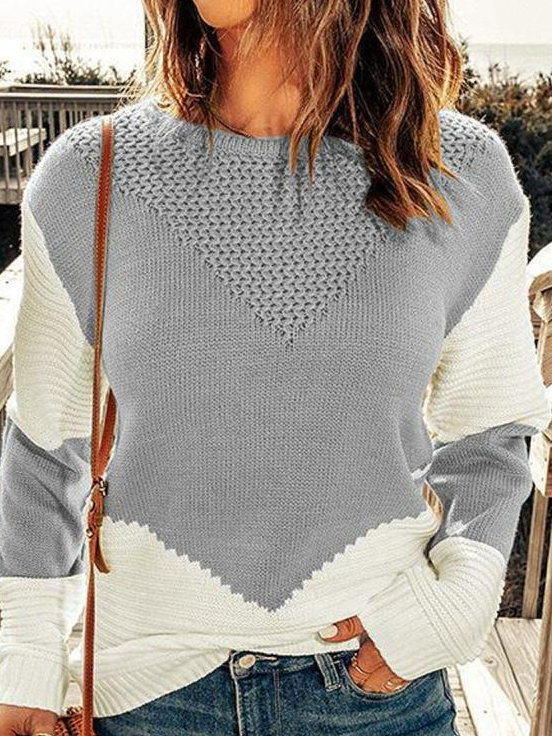 Round Neck Casual Loose Color Block Sweater Stitching Pullover