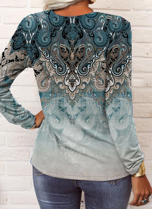 Women V-Neck Ethnic Boho Vintage Graphic Prints Long Sleeve Button T-Shirt