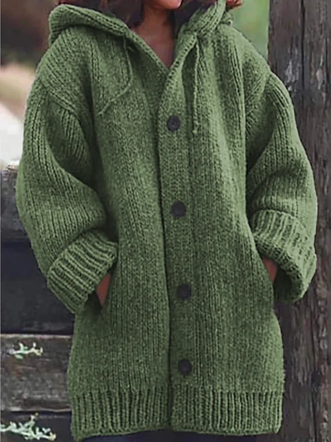 Women Chunky Knit Hooded Cardigan With Pocket Winter Pullover