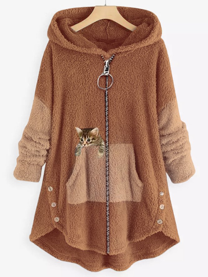 Women Color Block Furry Fleece Fabric Cat Zipper Hooded Coat